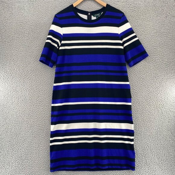 Lauren Ralph Lauren Dress Womens Medium Blue Striped Shift Short Sleeve Stretch - Picture 1 of 9